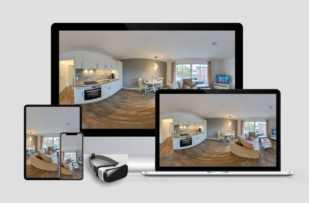 360° ´Rundgang: Übersicht der 360° Möglichkeiten wie Desktopbildschirm, Laptop, Tablet, Mobiltelefon (Smartphon und IPhone) und VR-Brille